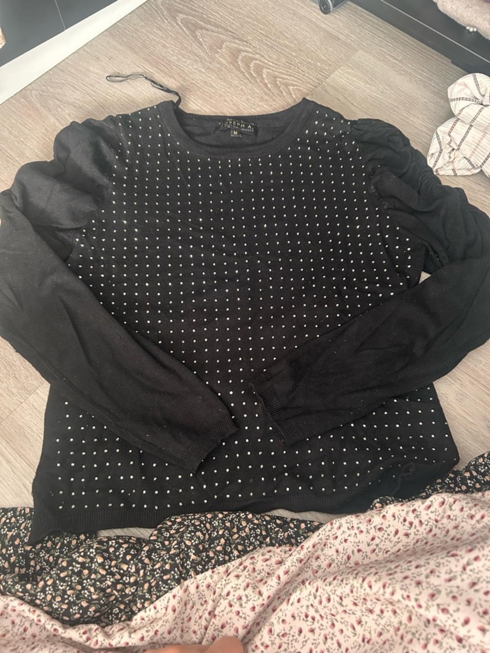 Joseph A Black Studded Puff-Sleeve Sweater